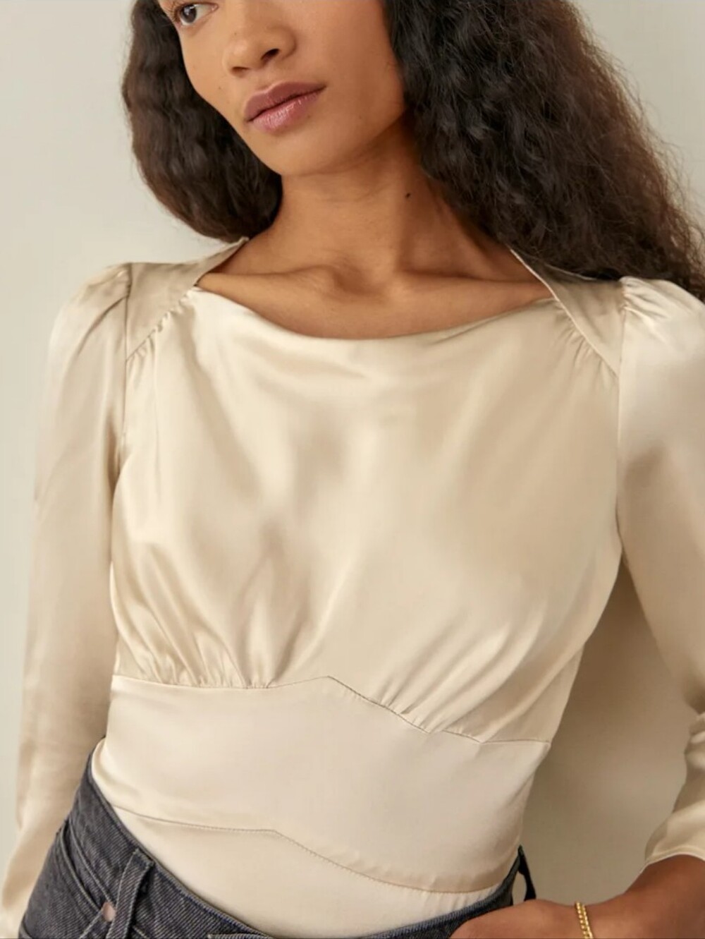 Reformation Cream Satin Long-Sleeve Blouse